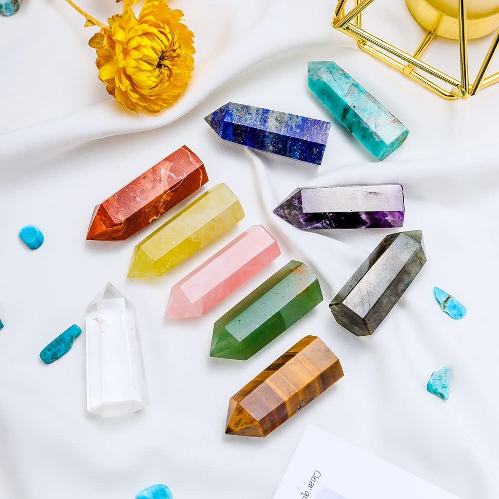 Apengshi 10pcs Healing Crystal Tower Set 1.57"-1.96" Natural Crystal Wand Clear Quartz Red Jasper Rose Quartz 6 Faceted Crystals Point Chakra Stone Kit Home Decor Gift Box