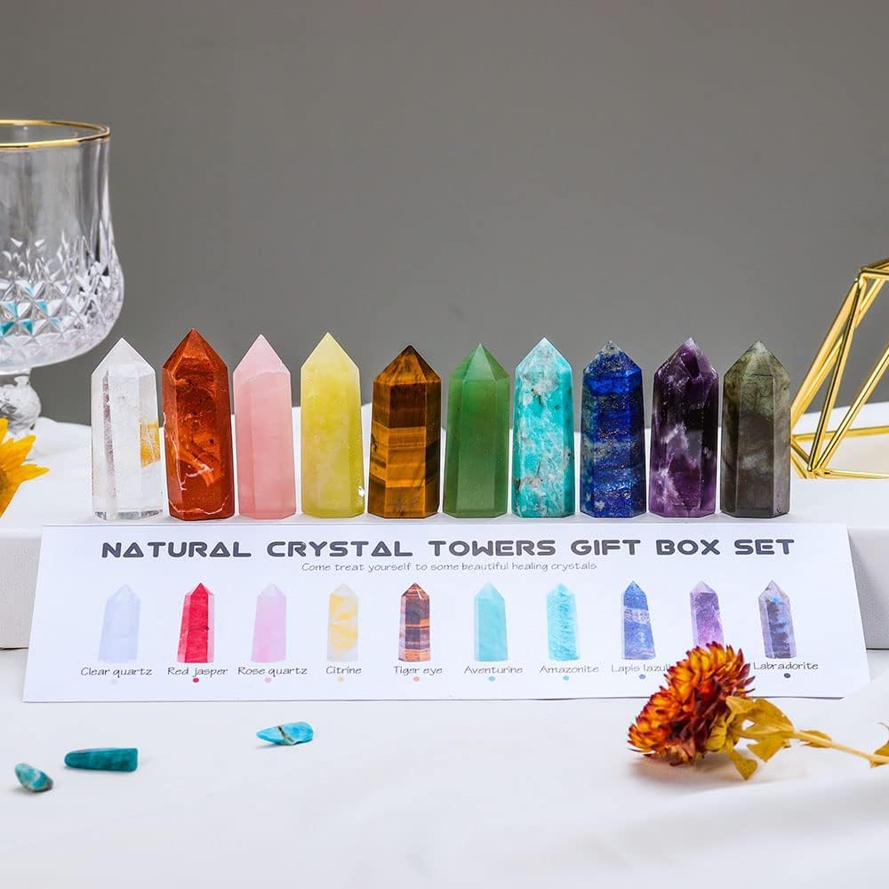 Apengshi 10pcs Healing Crystal Tower Set 1.57"-1.96" Natural Crystal Wand Clear Quartz Red Jasper Rose Quartz 6 Faceted Crystals Point Chakra Stone Kit Home Decor Gift Box