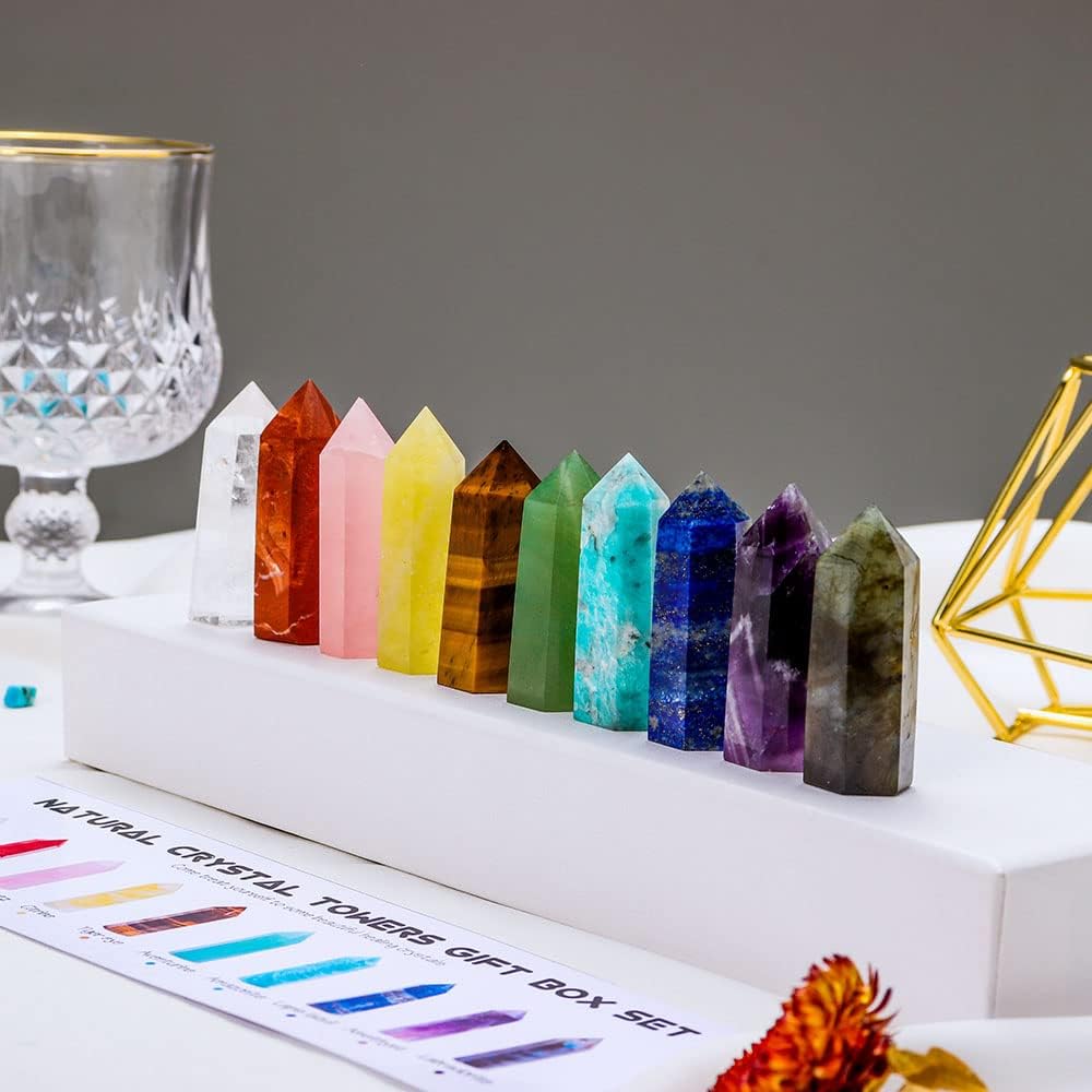 Apengshi 10pcs Healing Crystal Tower Set 1.57"-1.96" Natural Crystal Wand Clear Quartz Red Jasper Rose Quartz 6 Faceted Crystals Point Chakra Stone Kit Home Decor Gift Box