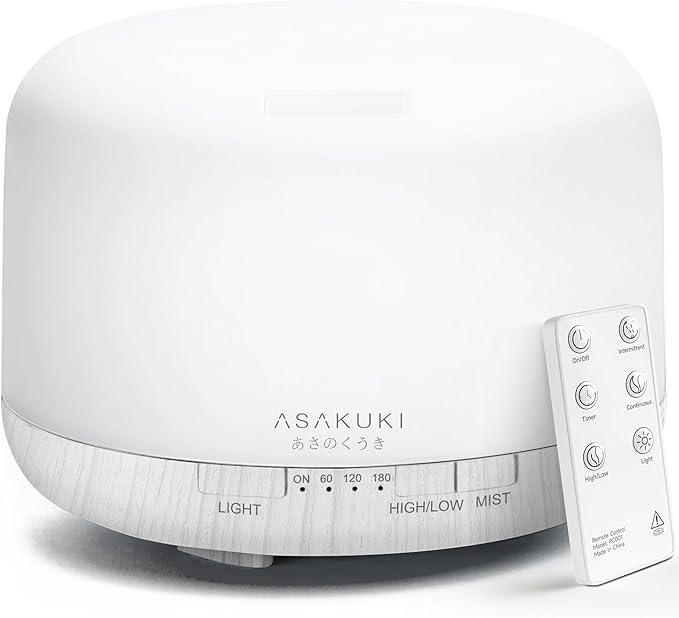 ASAKUKI 500ml Premium, Essential Oil Diffuser with Remote Control, 5 in 1 Ultrasonic Aromatherapy Fragrant Oil Humidifier Vaporizer, Timer and Auto-Off Switch Brown