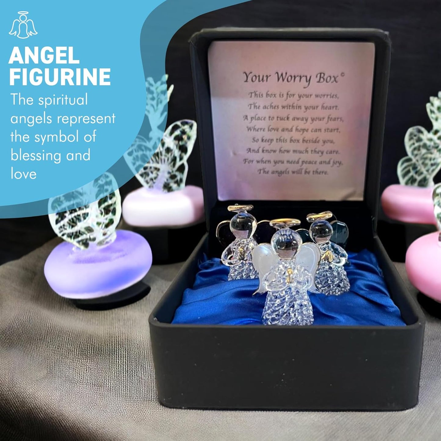 Angels worry box | Mindfulness box | Spiritual gifts | |mental health | guardian angel worry box for your loved ones | Includes 3 glass worry angels with gilded wings