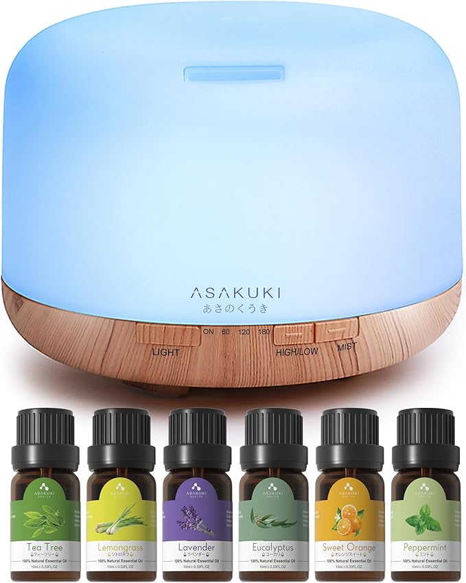 ASAKUKI 500ml Premium, Essential Oil Diffuser with Remote Control, 5 in 1 Ultrasonic Aromatherapy Fragrant Oil Humidifier Vaporizer, Timer and Auto-Off Switch Brown