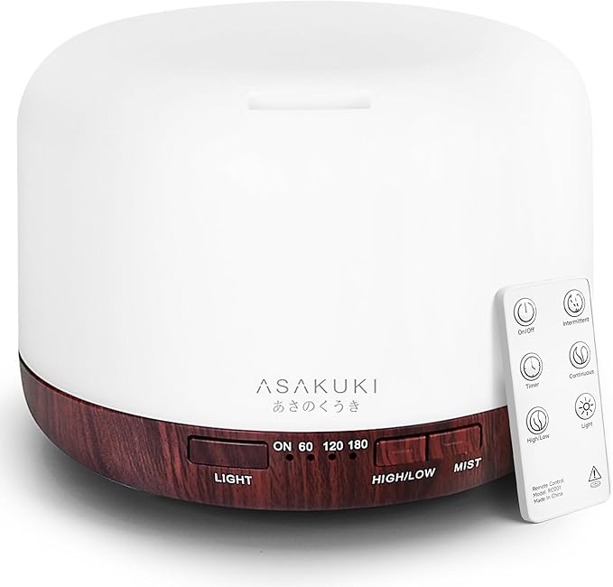 ASAKUKI 500ml Premium, Essential Oil Diffuser with Remote Control, 5 in 1 Ultrasonic Aromatherapy Fragrant Oil Humidifier Vaporizer, Timer and Auto-Off Switch Brown