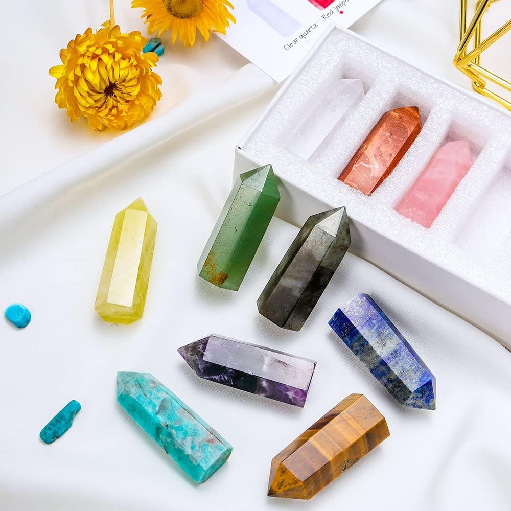 Apengshi 10pcs Healing Crystal Tower Set 1.57"-1.96" Natural Crystal Wand Clear Quartz Red Jasper Rose Quartz 6 Faceted Crystals Point Chakra Stone Kit Home Decor Gift Box