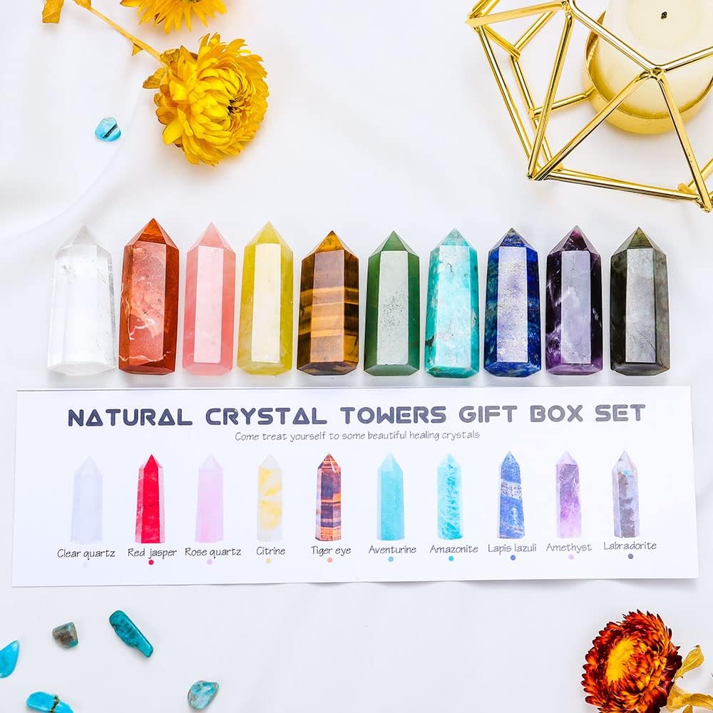 Apengshi 10pcs Healing Crystal Tower Set 1.57"-1.96" Natural Crystal Wand Clear Quartz Red Jasper Rose Quartz 6 Faceted Crystals Point Chakra Stone Kit Home Decor Gift Box