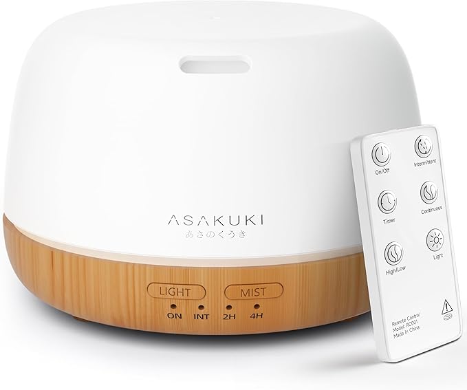 ASAKUKI 500ml Premium, Essential Oil Diffuser with Remote Control, 5 in 1 Ultrasonic Aromatherapy Fragrant Oil Humidifier Vaporizer, Timer and Auto-Off Switch Brown