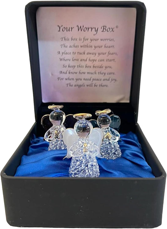 Angels worry box | Mindfulness box | Spiritual gifts | |mental health | guardian angel worry box for your loved ones | Includes 3 glass worry angels with gilded wings