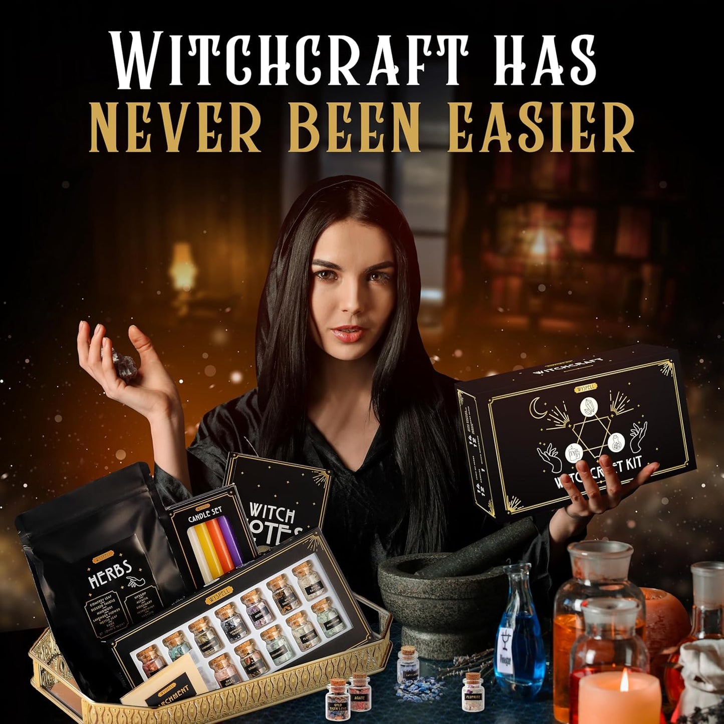 Witchcraft Supplies Kit for Witch Altar 54PCS - Spell Candles for Witches - Crystals Spell Jars for Witches - Herbs for Spells - Beginner Witch Starter Box - Witchcraft Kit