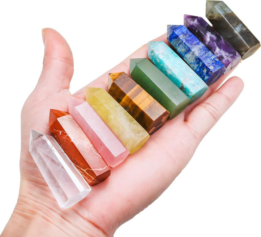 Apengshi 10pcs Healing Crystal Tower Set 1.57"-1.96" Natural Crystal Wand Clear Quartz Red Jasper Rose Quartz 6 Faceted Crystals Point Chakra Stone Kit Home Decor Gift Box