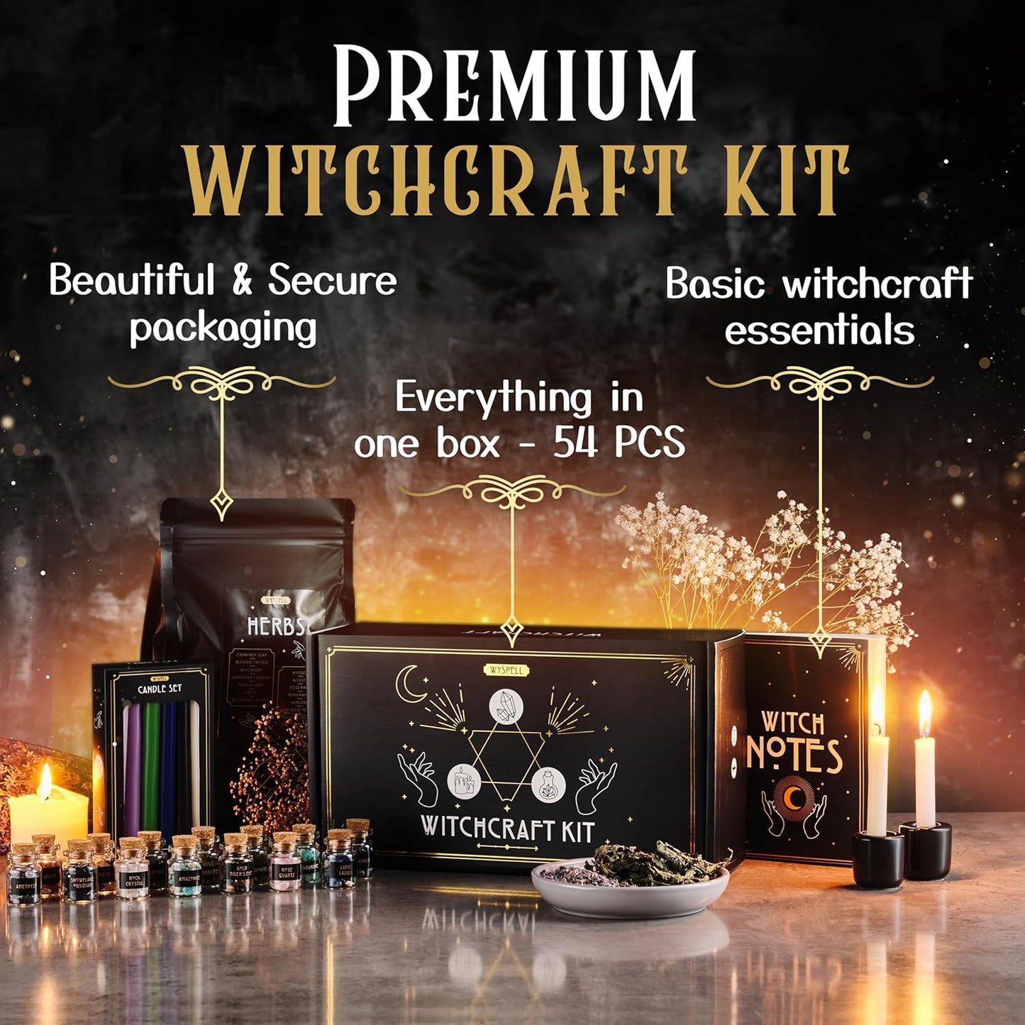 Witchcraft Supplies Kit for Witch Altar 54PCS - Spell Candles for Witches - Crystals Spell Jars for Witches - Herbs for Spells - Beginner Witch Starter Box - Witchcraft Kit