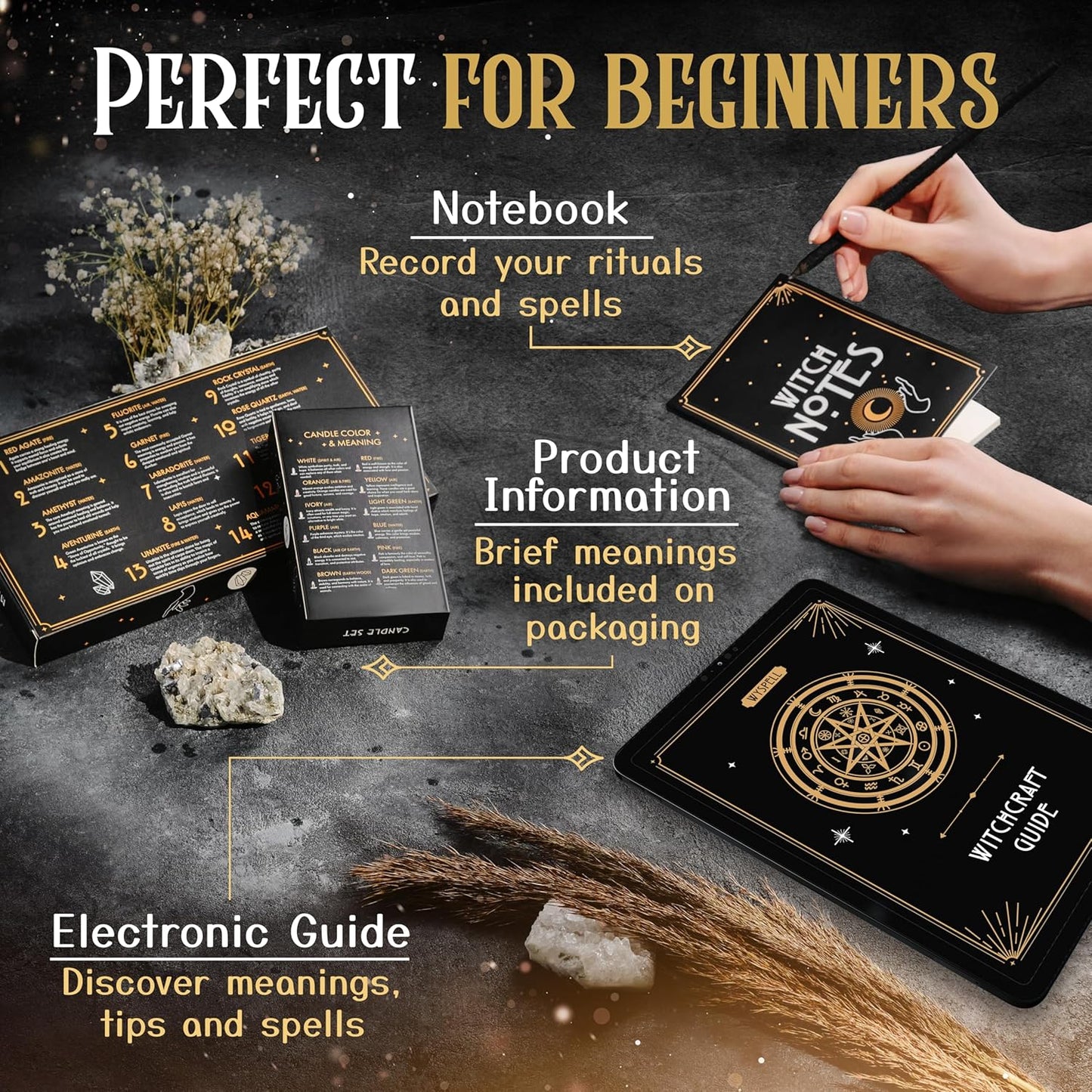 Witchcraft Supplies Kit for Witch Altar 54PCS - Spell Candles for Witches - Crystals Spell Jars for Witches - Herbs for Spells - Beginner Witch Starter Box - Witchcraft Kit