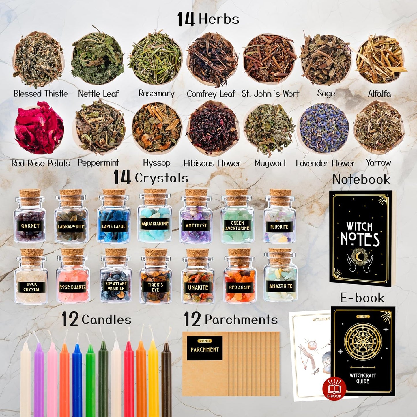 Witchcraft Supplies Kit for Witch Altar 54PCS - Spell Candles for Witches - Crystals Spell Jars for Witches - Herbs for Spells - Beginner Witch Starter Box - Witchcraft Kit